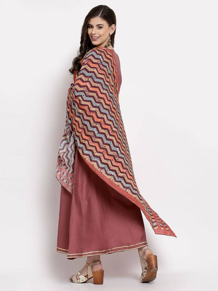 Myshka Women's Dark Pink Cotton Solid 3/4 Sleeve V Neck Casual Anarkali Gown | Grocsy