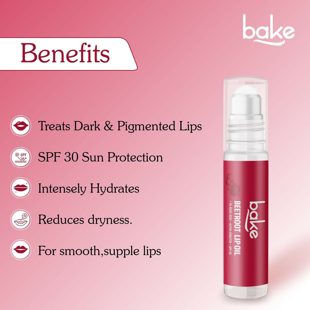 Bake 1% Kojic Acid Beetroot Tinted Lip Balm Oil for Dark & Pigmented Lips with SPF 25 & Alpha Arbutin | Grocsy