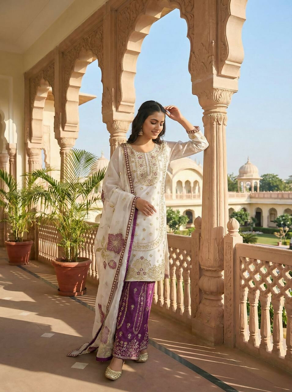 Teeya Creation Wine Gimmy Silk Designer Embroidery Work Wedding Wear Palazzo Pair | Grocsy