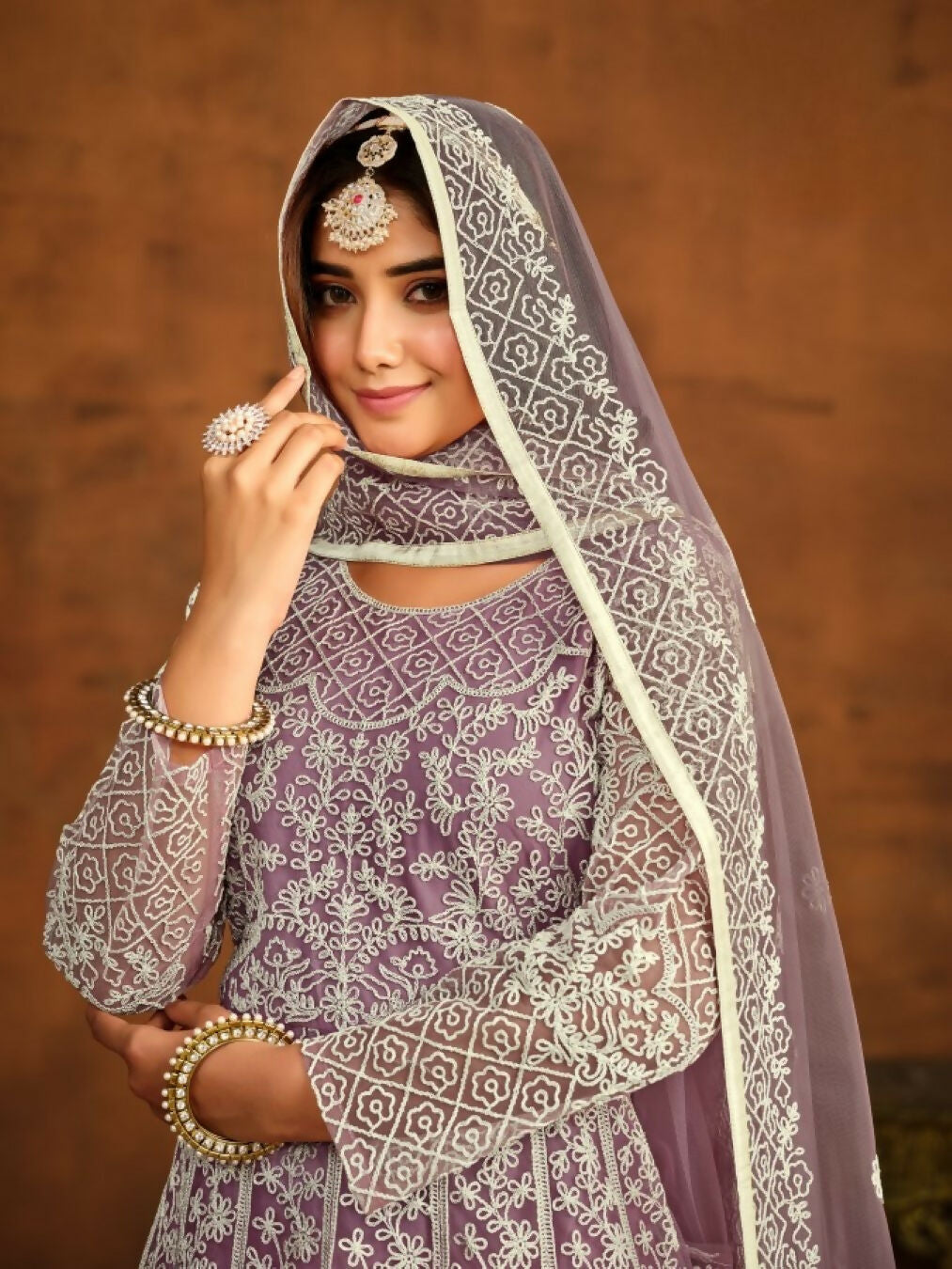 Anaita Lavender Embroidered Net Anarkali Suit | Grocsy
