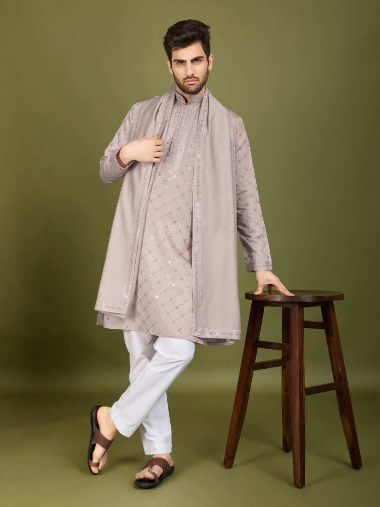 Vastranavya Ivory Exclusive Festival Wear Viscose Silk Thread with Sequence Embroidered Work Kurta with Dupatta | Grocsy