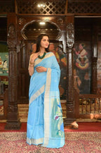 Very Much Indian Handloom Pure Cotton Paithani Peacock Pallu-Sky Blue | Grocsy