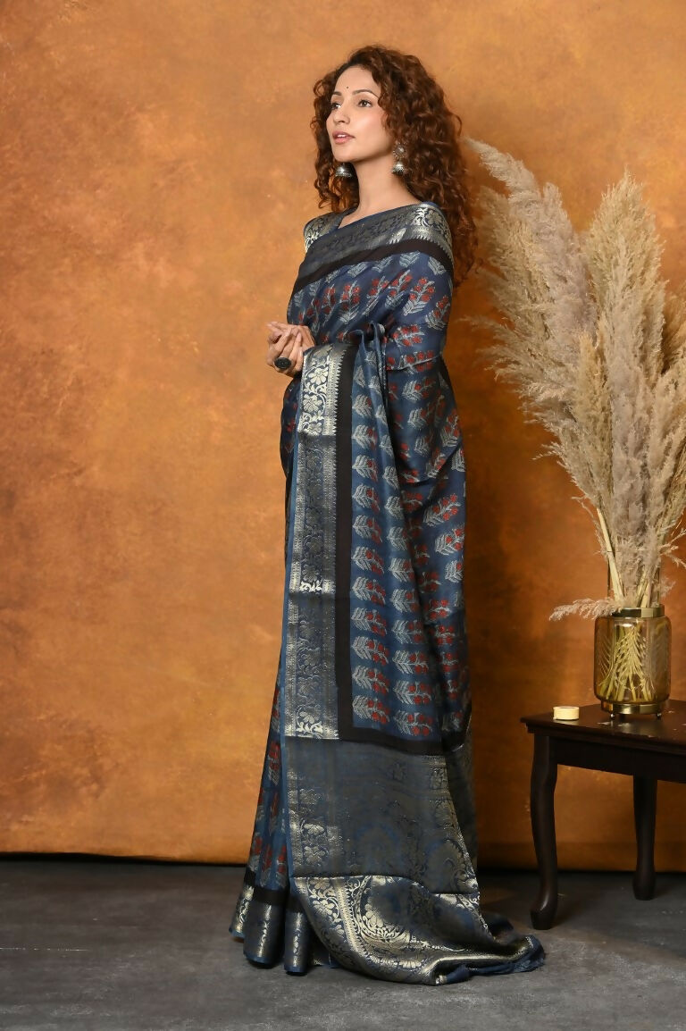 Very Much Indian Modal Silk Ajrakh Handblock Printed Natural Dyes With Designer Border Saree - Black | Grocsy