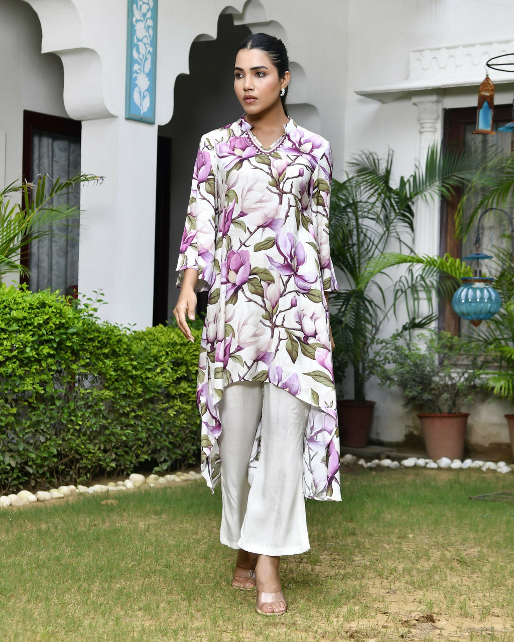 Vaasva Women's Cream Musline Viscose Digital Printed Cord Set | Grocsy