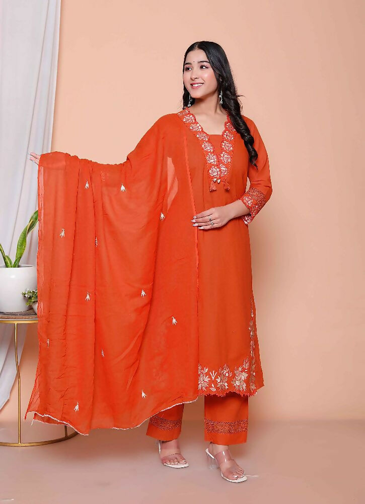 Miravan Womens Embroidered Cotton Kurta With Palazzo & Dupatta Set | Grocsy