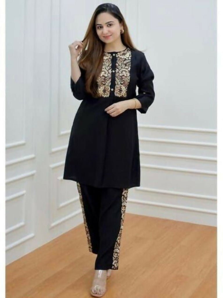 Alvano Women's Solid Rayon Top with Pant set (Black) | Grocsy