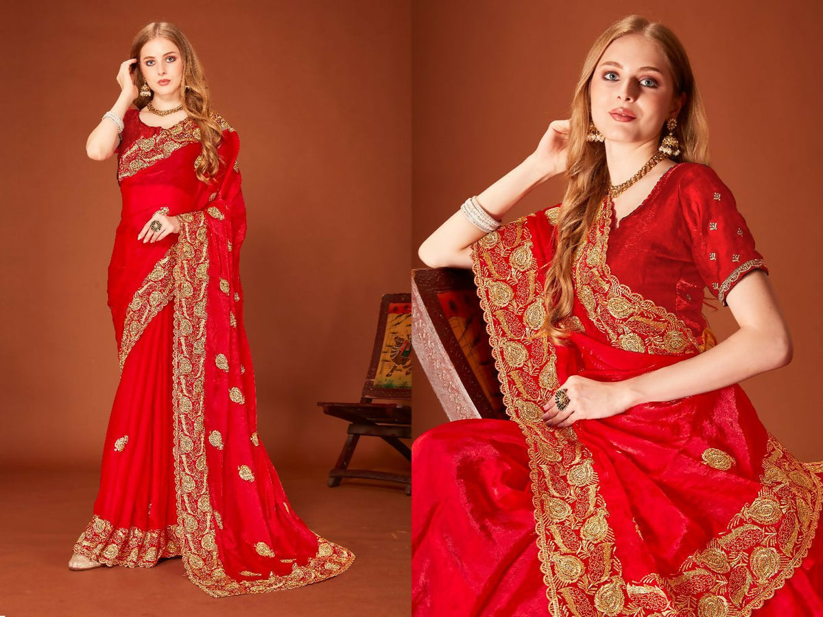 PR Fashion Red Fendi Two Tone Silk Heavy Zari Embroidery Work With Zircon Work Saree | Grocsy