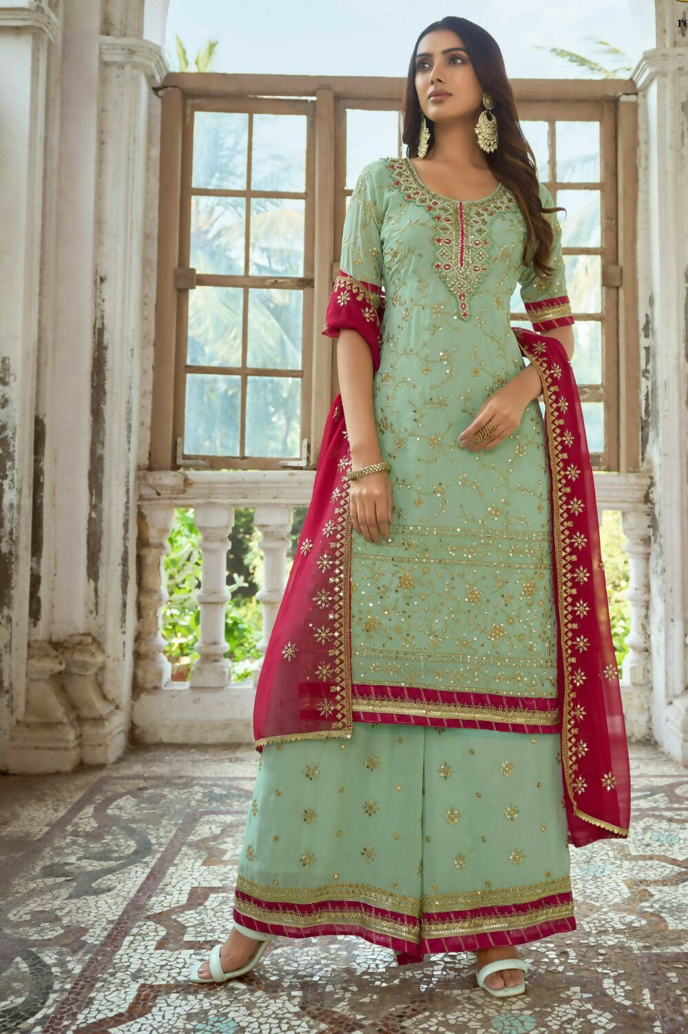 Sea Green Heavy Fox Georgette Embroidered Semi Stitched Suit - Dhvani | Grocsy
