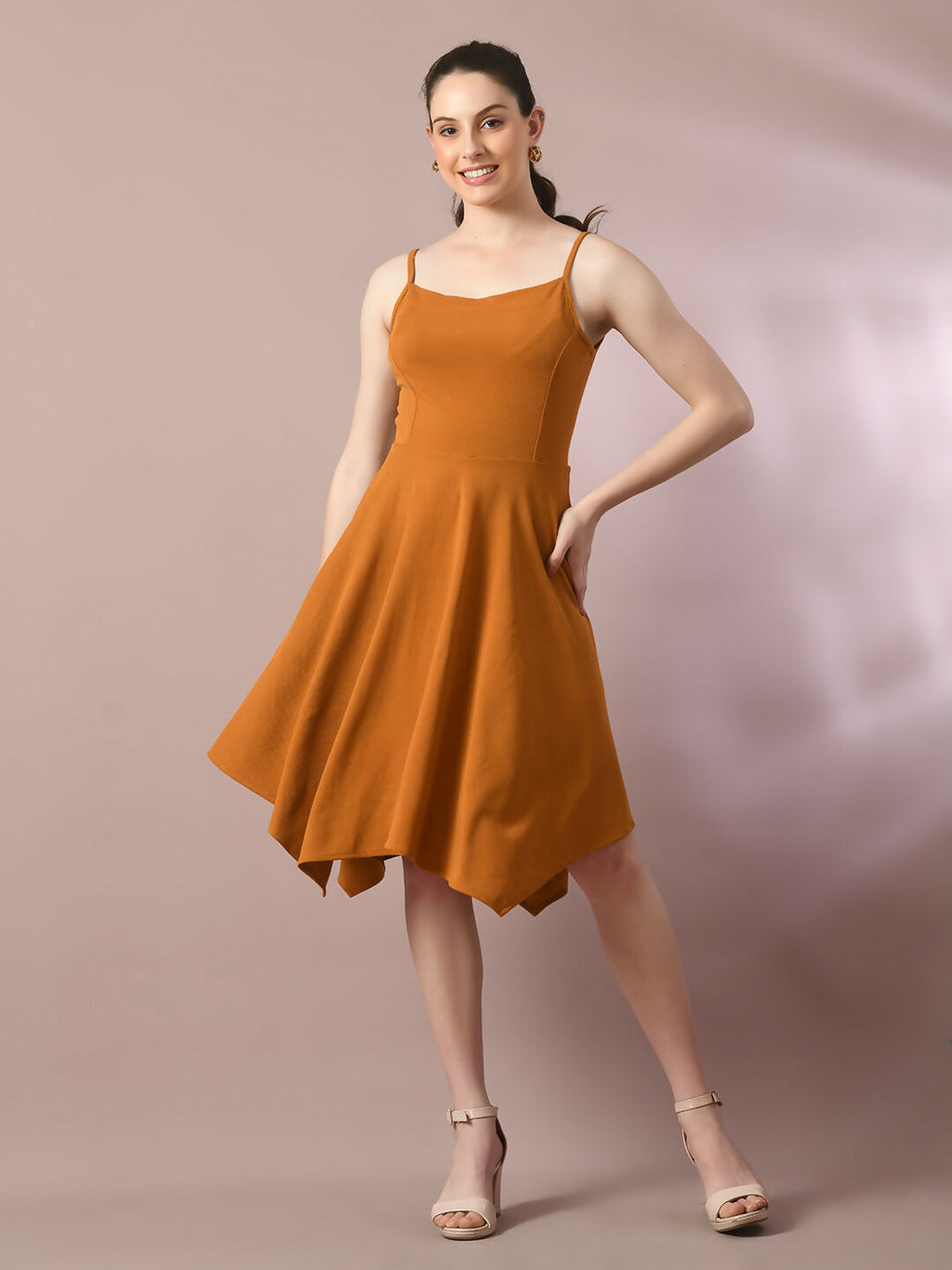Myshka Women's Mustard Solid Shoulder Straps Fit and Flare Party Dress | Grocsy
