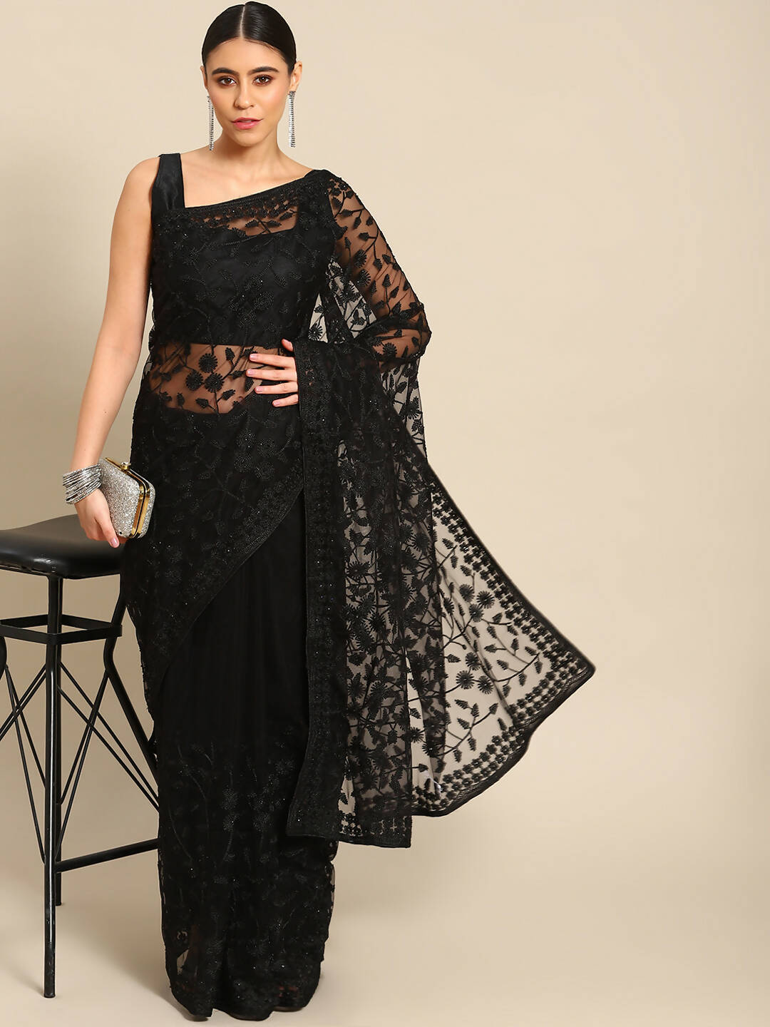 Black Woven Design Net Saree with Blouse Piece - Kalamkari | Grocsy