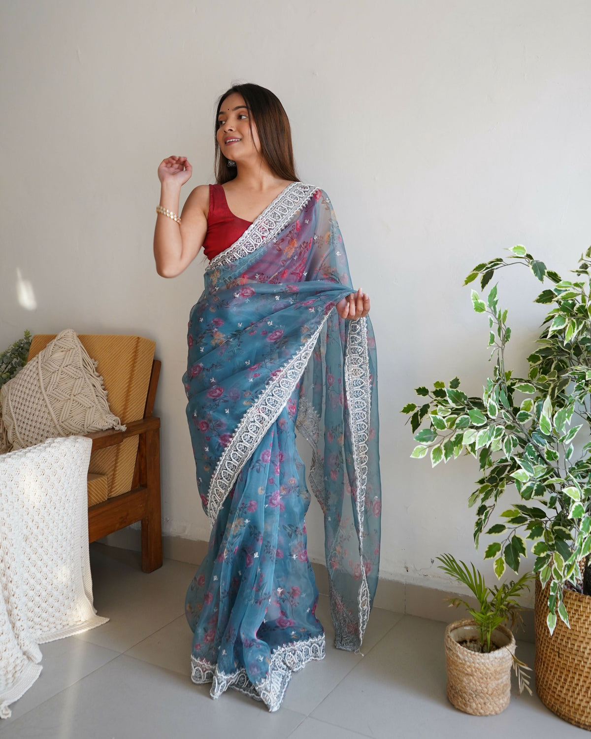Vamsee Ferry Blue Organza Saree | Grocsy
