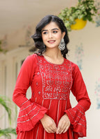 Kaajh Women's Red Mirror Embroidered Cotton Ethnic Dress | Grocsy
