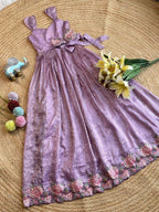 Teeya Creation New Trendy Girls Elegant White Crinkled Ethnic Gown with Pink Lotus Border and Stylish Waist Bow | Grocsy