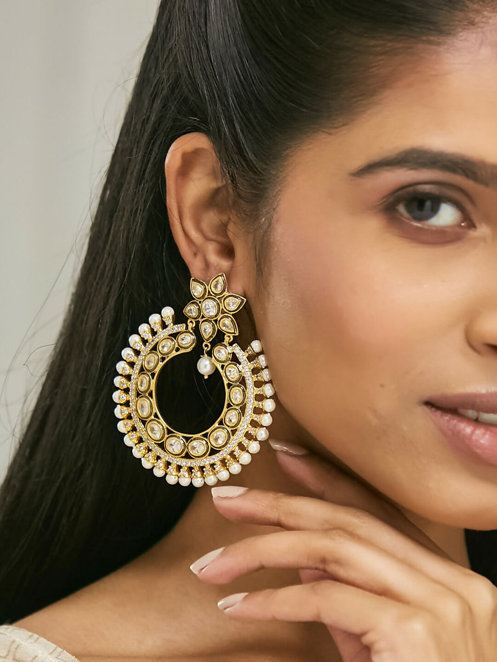 Nuyug 22K Gold-Plated Kundan Studded & Pearl Beaded Floral Chandbali Earrings | Grocsy