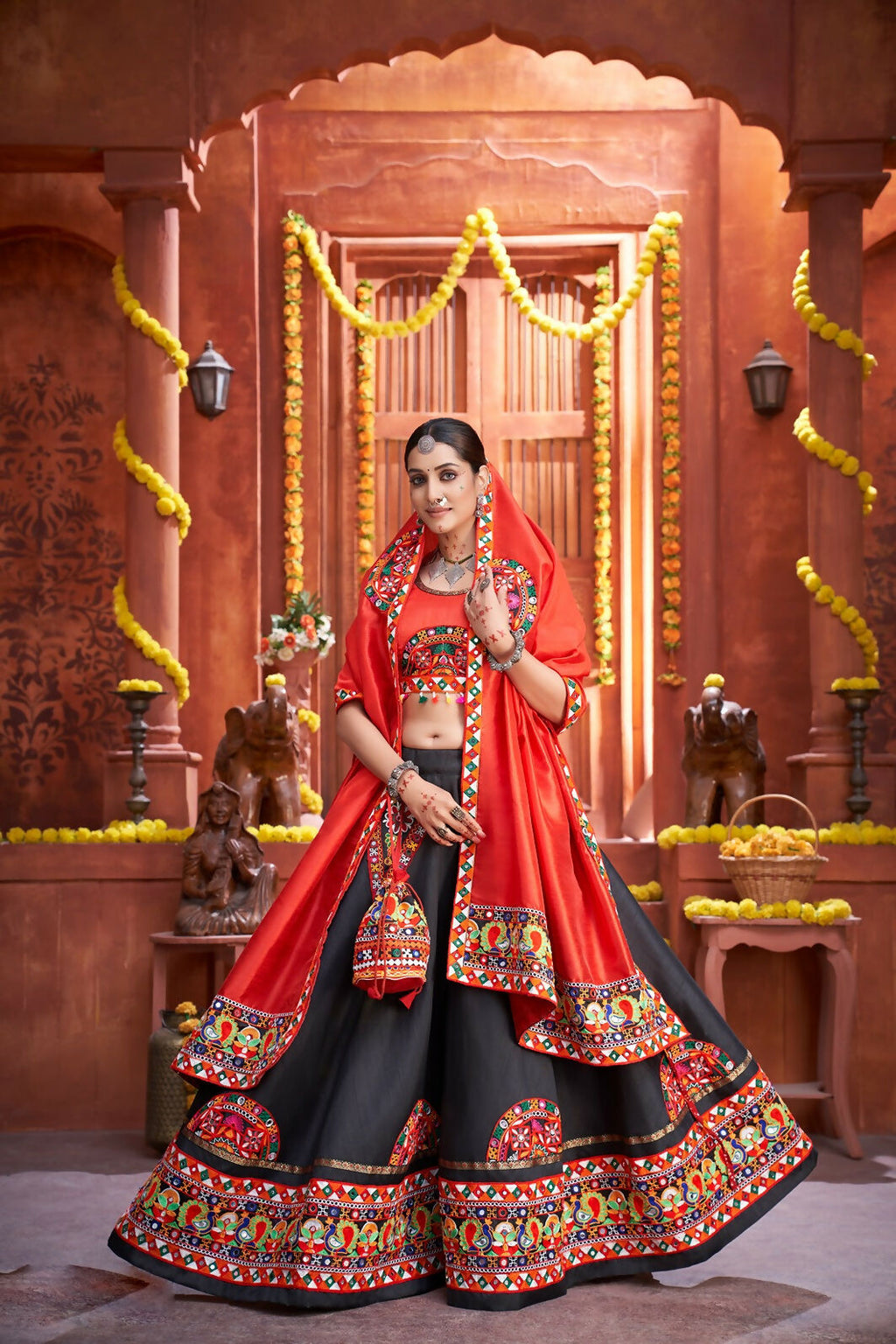 AI Fashion Black Art Silk Designer Navratri Lehenga Choli Collection | Grocsy