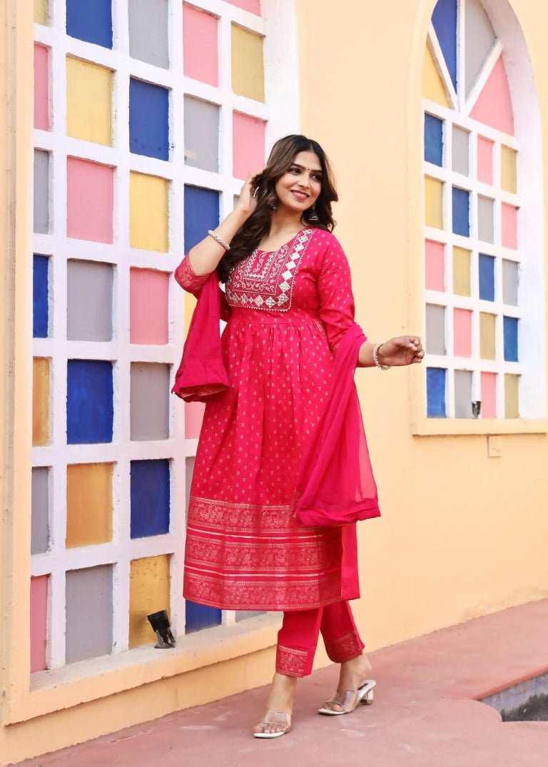Alvano Women's A-line Naira Cut Embroidery work Print Kurti with Pant and Dupatta set Rayon (Red) | Grocsy
