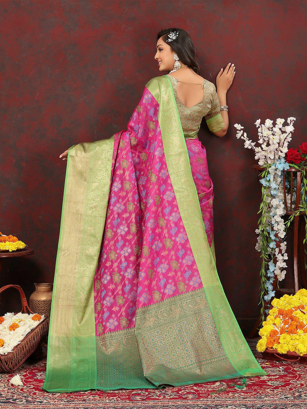 Lorenvalley Fashion Pink Cotton Woven Design Zari Meenakari Weaving Saree | Grocsy
