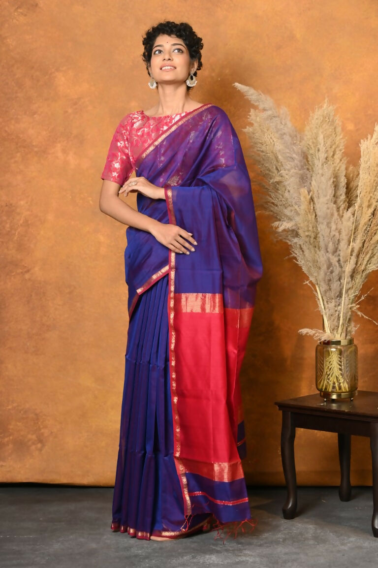 Very Much Indian Handloom Pure Cotton Silk Saree With Sleek Golden Border - Indigo Blue | Grocsy