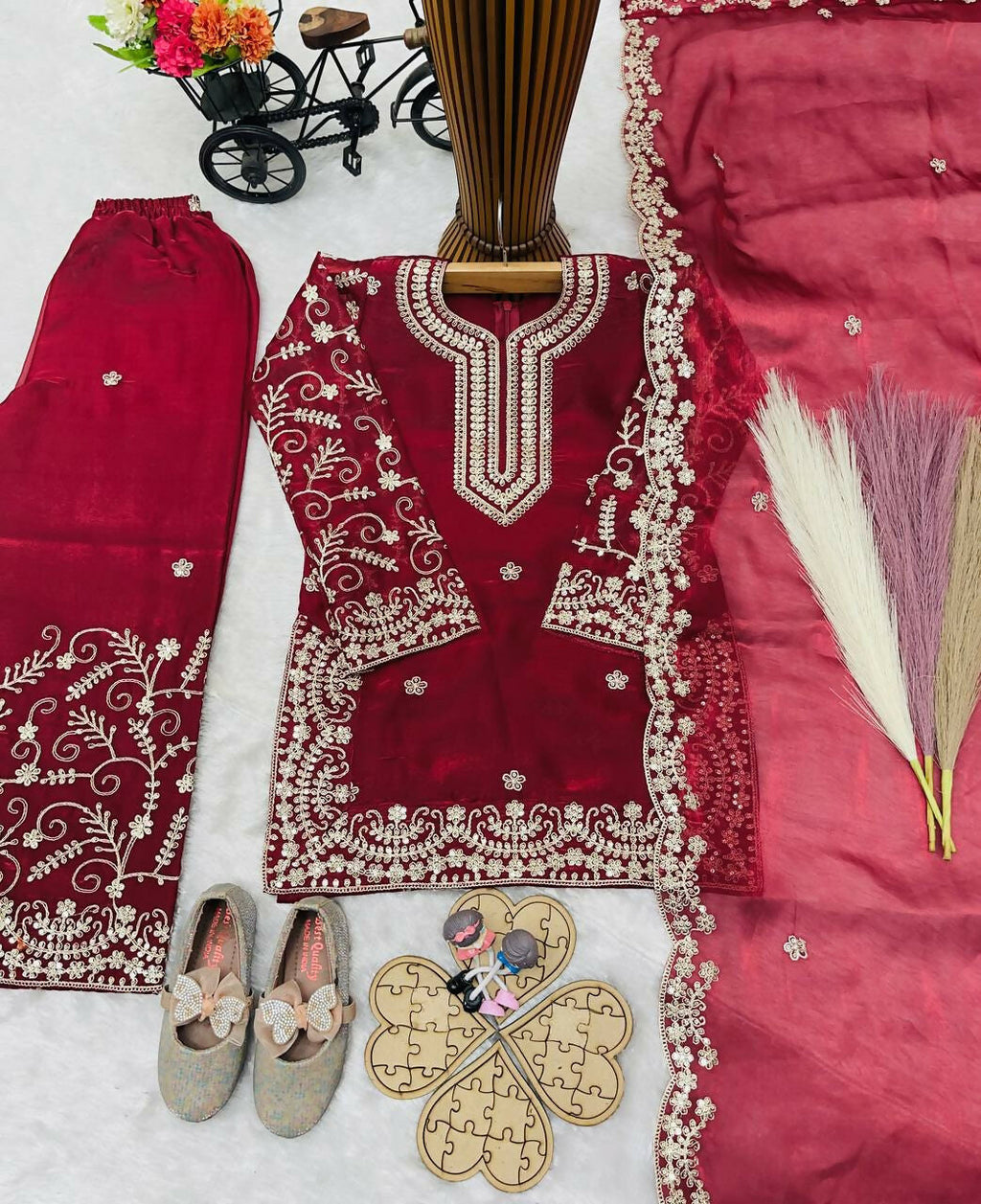 Teeya Creation New Kids Wedding Wear Heavy Embroidery Sequence Work Kurta Sharara Set-Red | Grocsy