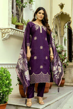 The52 Wine Women's Beautiful Viscose Chanderi Fabric Thread Work Straight Kurta Pant and Dupatta Set | Grocsy