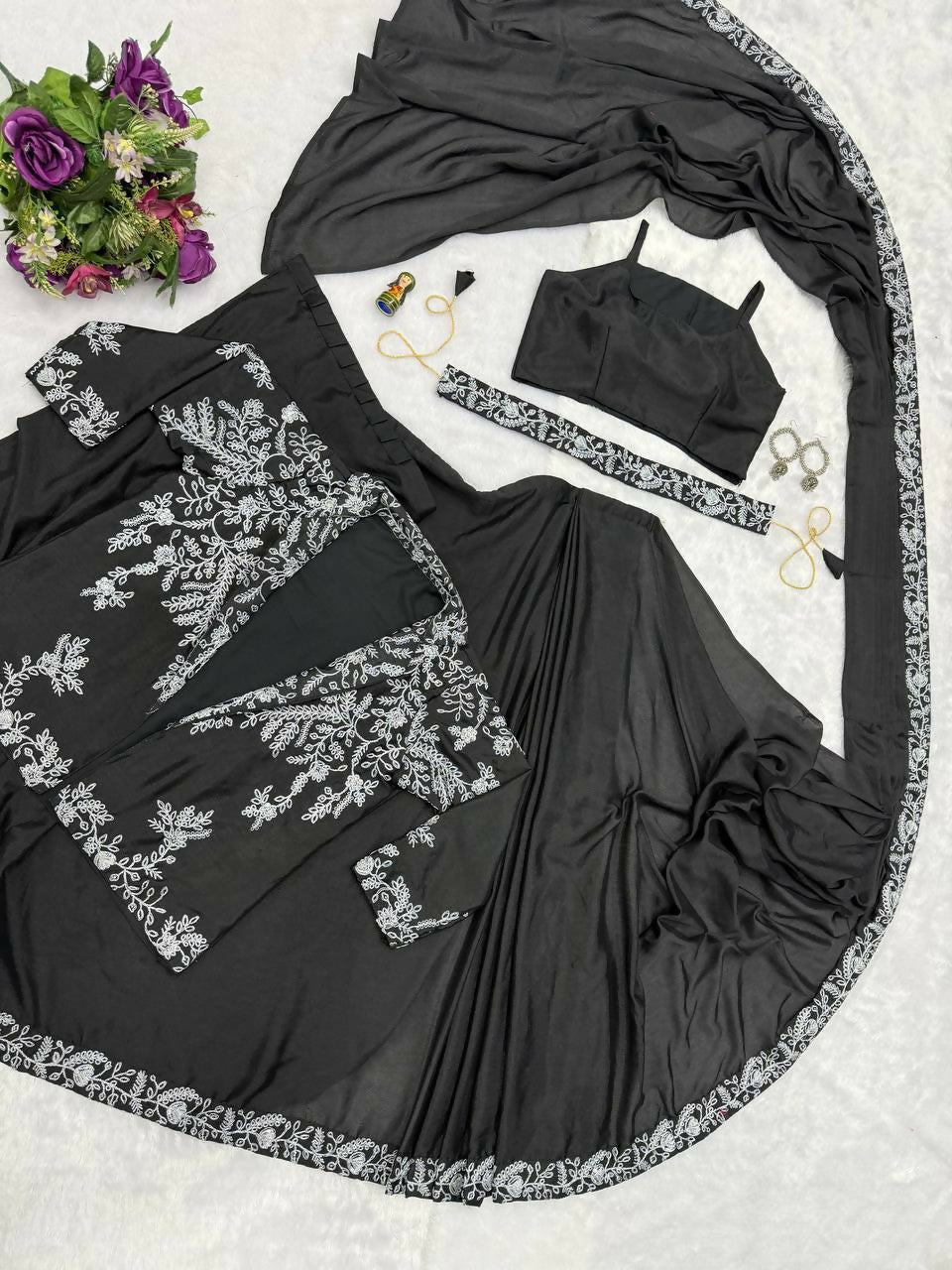 Teeya Creation Black Color Chinon Silk Wedding Wear Ready To Wear Saree With Koti | Grocsy