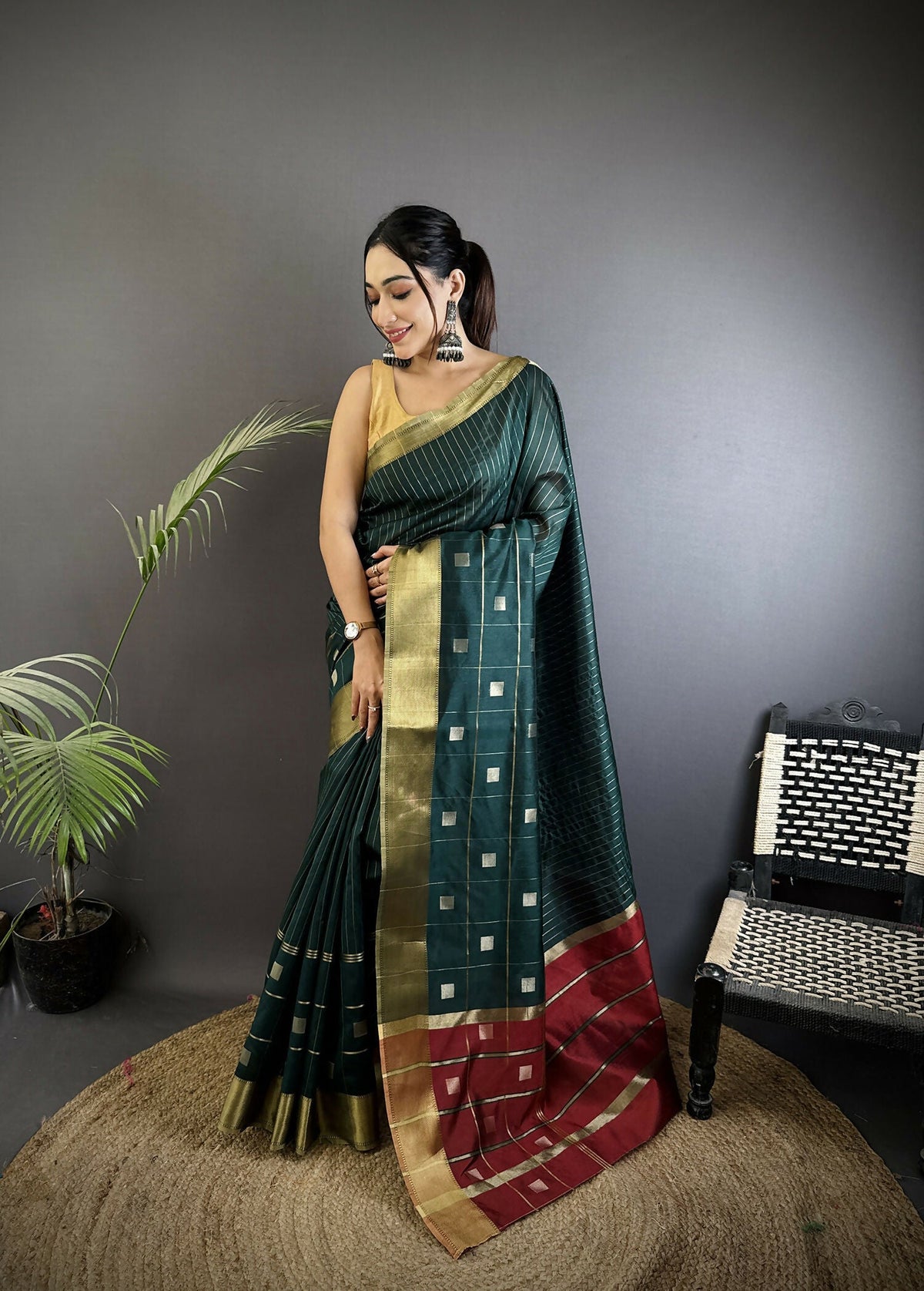 Joban Fashion Teal Bhagalpuri Cotton Silk Stripes/Box Saree | Grocsy