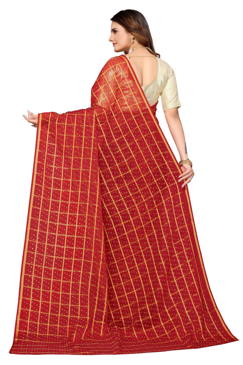 Vamika Ethnic Fire Red Jari Work Chiffon Saree | Grocsy