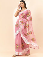Pink Organza Floral Embroidered Saree with Unstitched Blouse Piece - Roozal | Grocsy