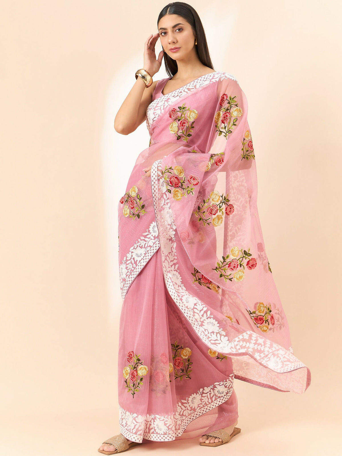 Pink Organza Floral Embroidered Saree with Unstitched Blouse Piece - Roozal | Grocsy