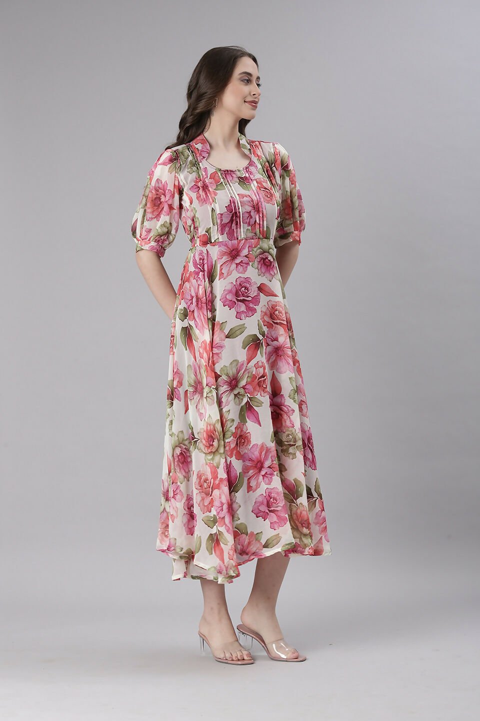 Souchii Cream Floral Chiffon Dress | Grocsy