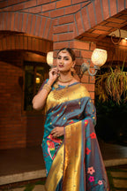 Jyoti Fashion Women's Teal Paithani Silk Zari Woven Saree with Blouse | Grocsy