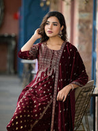 Juniper Women's Maroon Ethnic Motif Printed Velvet Kurta Set With Tassels | Grocsy