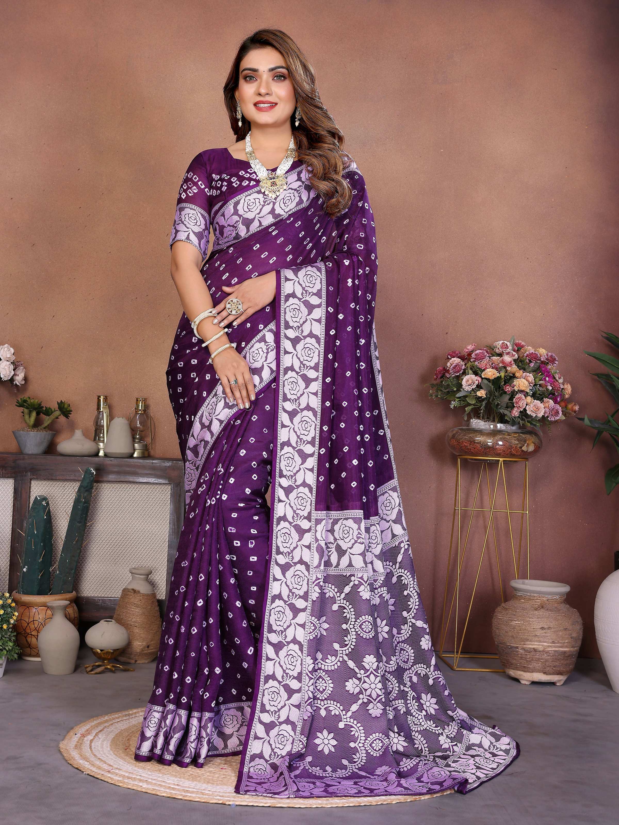 Aastha Fashion Purple Viscose Silk Handmade Original Bandhej Saree | Grocsy