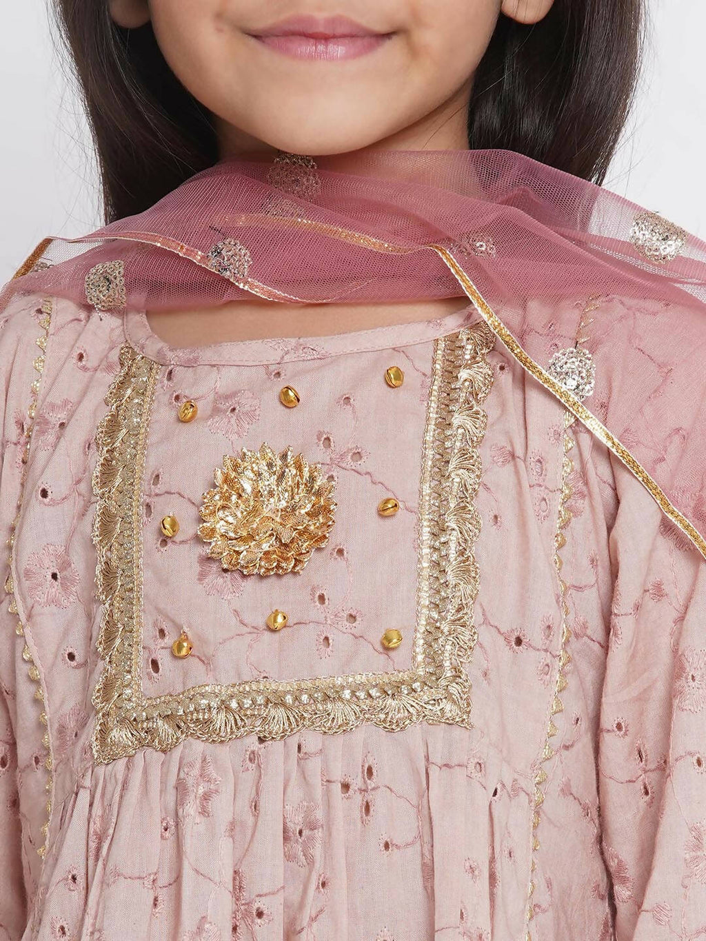 Little Bansi Floral Shiffli Kurta With Plazzo And Dupatta - Brown | Grocsy