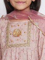 Little Bansi Floral Shiffli Kurta With Plazzo And Dupatta - Brown | Grocsy