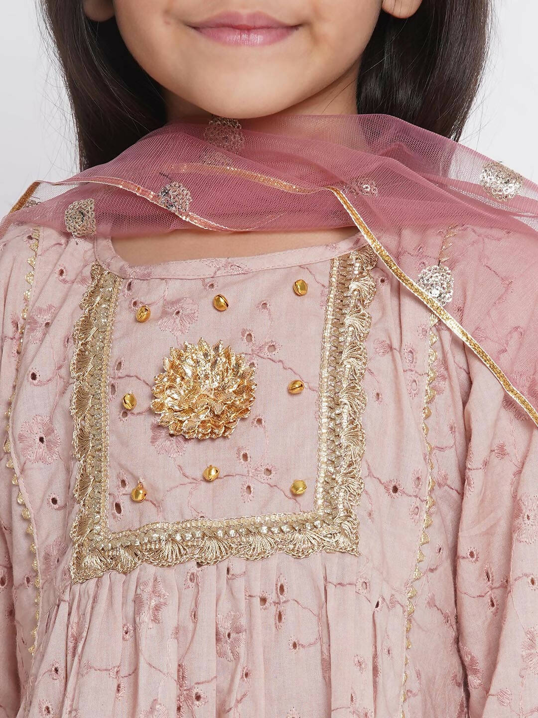 Little Bansi Floral Shiffli Kurta With Plazzo And Dupatta - Brown | Grocsy