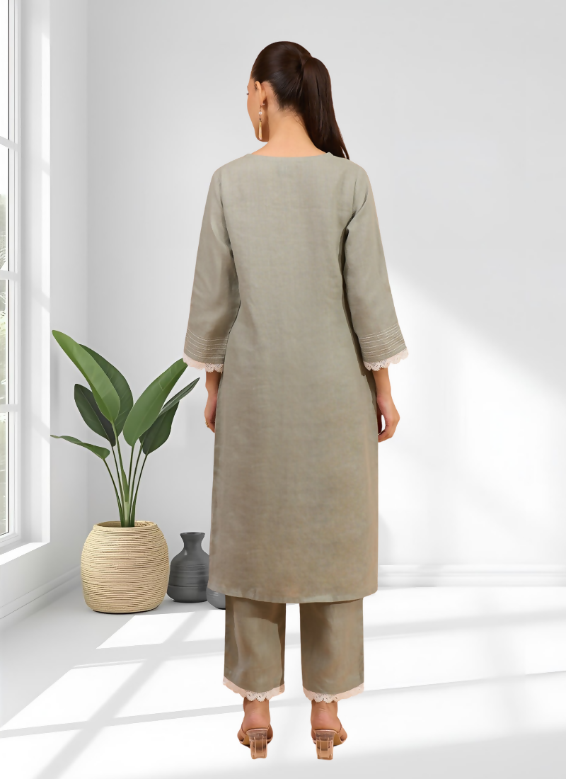 Joban Fashion Gray Linen Embroidered Readymade Long Kurta With Pant | Grocsy