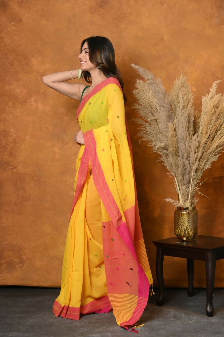 Very Much Indian Handloom Pure Cotton Saree With Sleek Border - Yellow | Grocsy