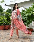 Vaasva Women's Rust Tissue Gota Embroidered Suit Set With Solid Pant And Embroidered Dupatta | Grocsy