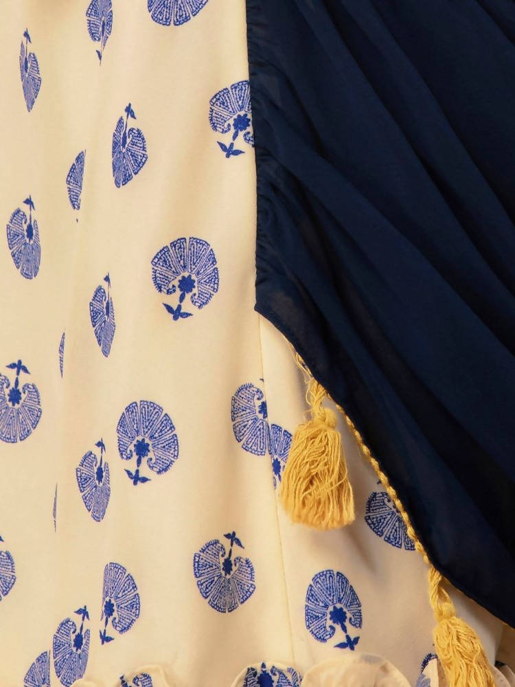 Indya Women White & Navy Blue Printed Maxi Dress With Attached Dupatta | Grocsy