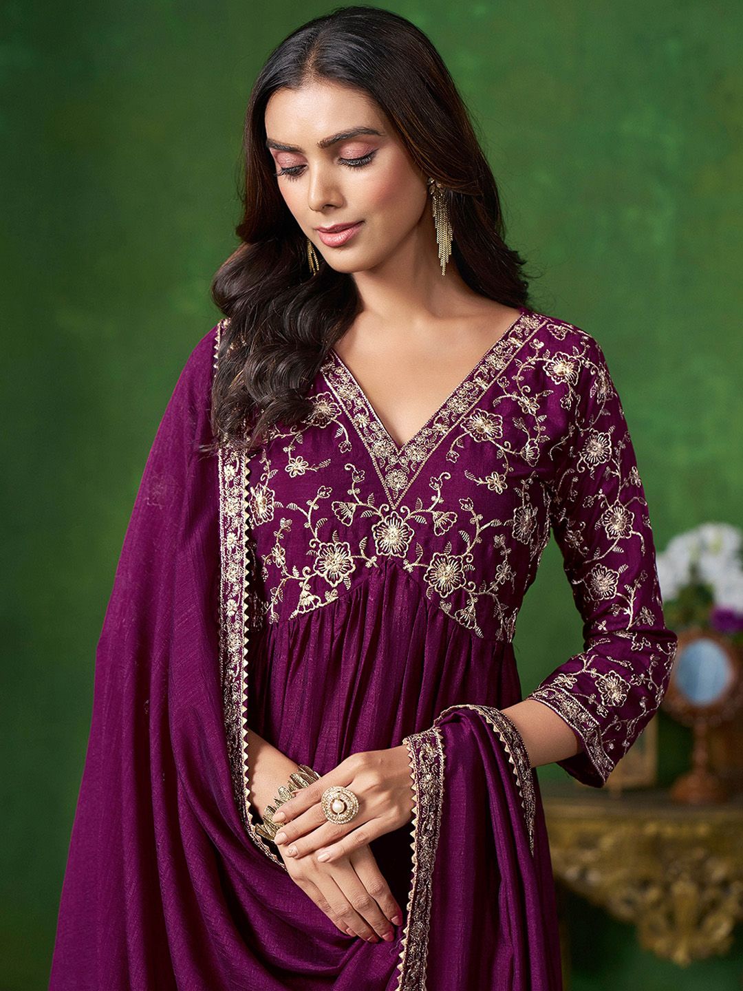 Sangria Floral Embroidered A-Line Kurta & Trousers With Dupatta | Grocsy