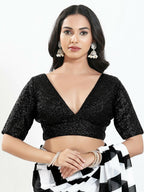 Joban Fashion Black Silk Padded Blouse With V Neck Elbow Sleeves | Grocsy
