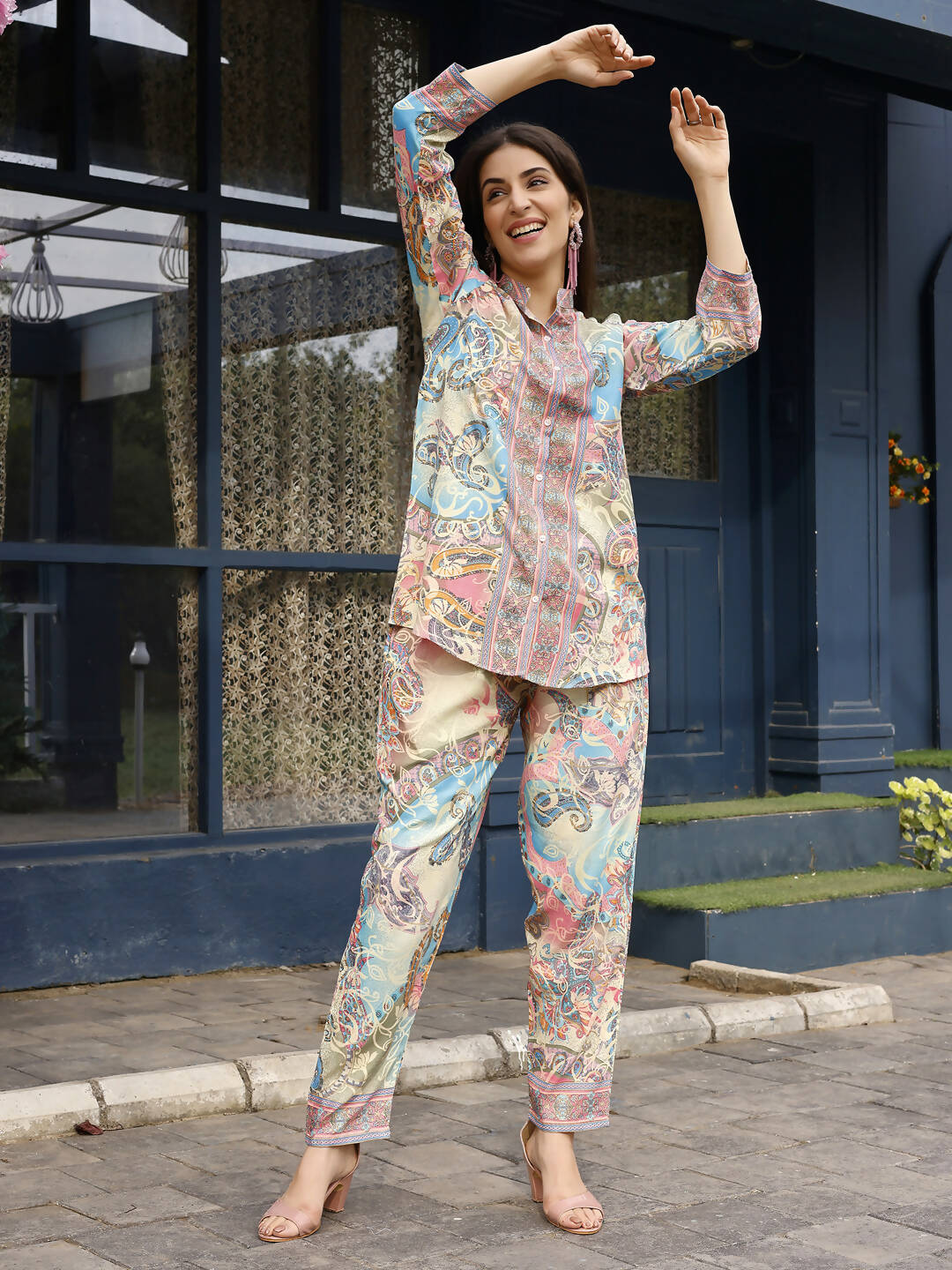 Beige & Pink Rayon Paisley Printed Top with Matching Bottom - Eesha | Grocsy