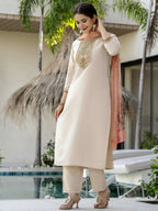 The52 Women's Beautiful Rayon Fabric Embroidery Work Straight Kurta Pant and Dupatta Set | Grocsy