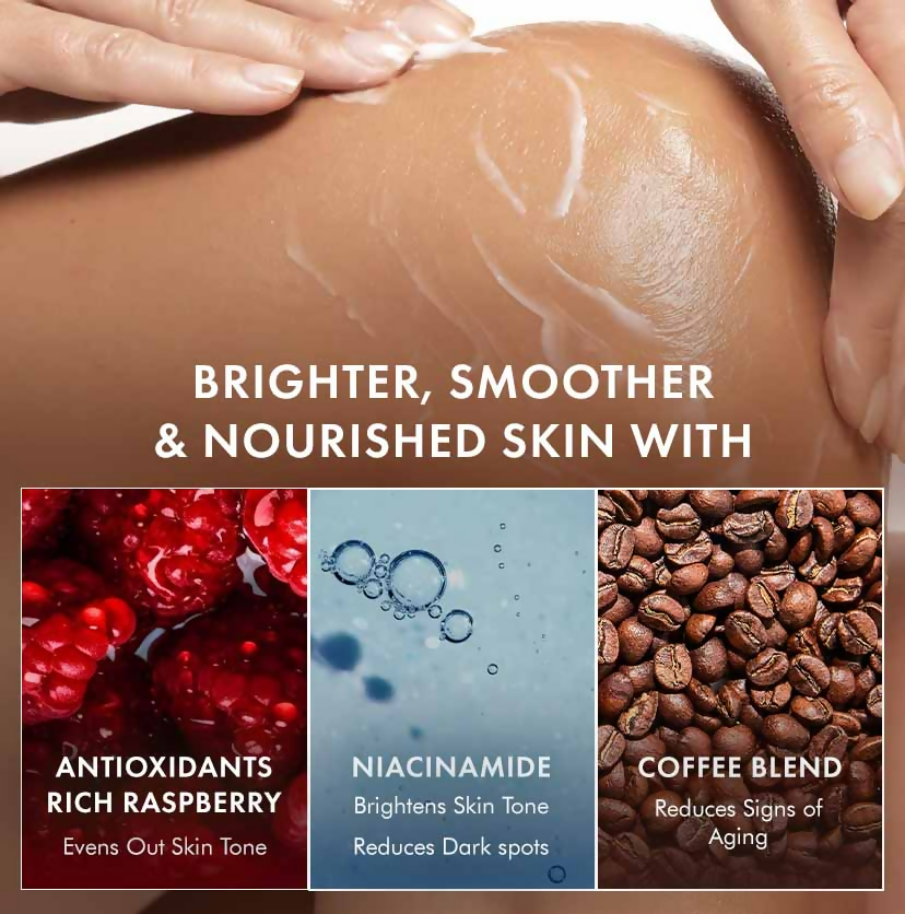 mCaffeine Brightening Raspberry Rush Serum Body Lotion SPF 50 PA+++ | Grocsy