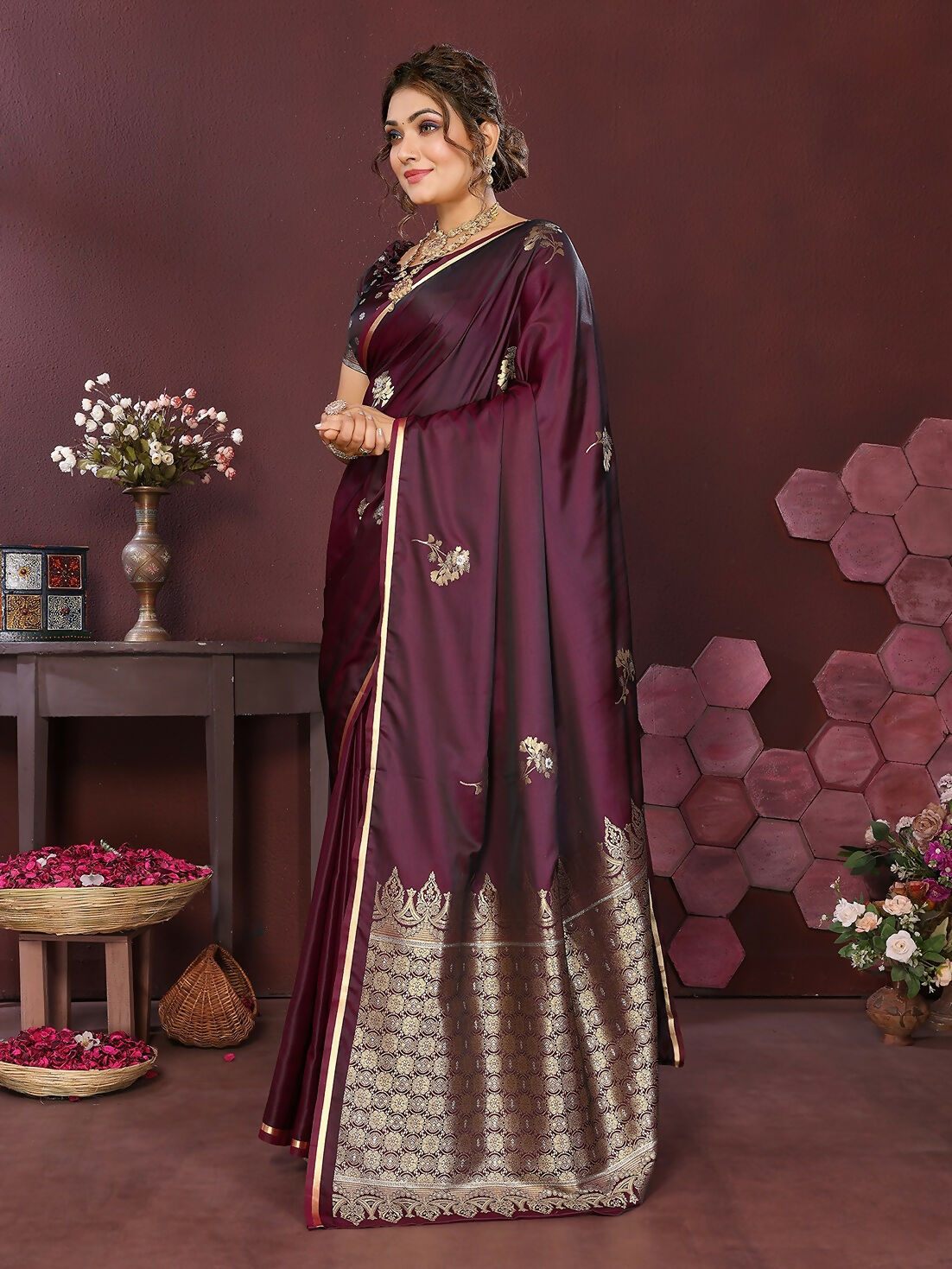 Joban Fashion Wine Floral Banarasi Silk Sarees | Grocsy