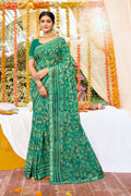 Sea Green Georgette Foil Printed Saree with Unstitched Blouse piece - Avika | Grocsy