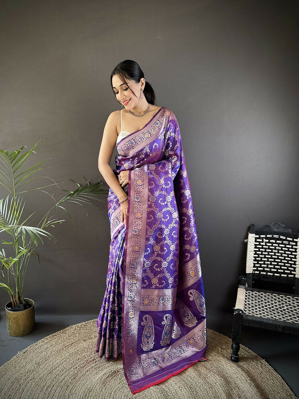 Joban Fashion Purple Meenakari Banarasi Silk Sarees | Grocsy