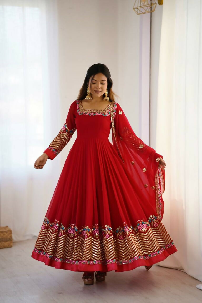 Teeya Creation Red Color Heavy Georgette Wedding Wear Embroidery Work Long Gown | Grocsy