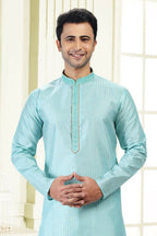 Raivat Ethnic Jacquard Art Silk Thread Work Kurta Pajama In Sky Blue Colour | Grocsy